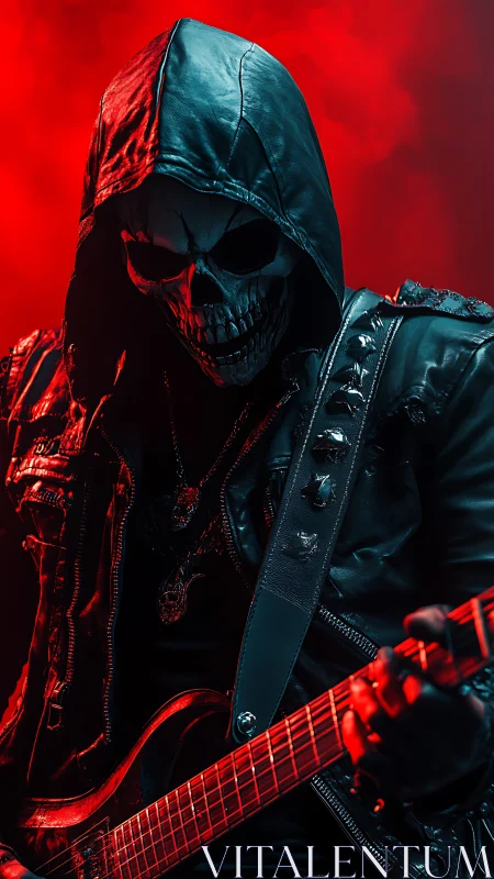 Hooded skull guitarist unleashes a sinister red stage aura