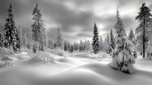 Silent snowdrift orchestra under a brooding winter sky.