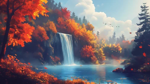 Waterfall hushes the forest while autumn sets trees ablaze