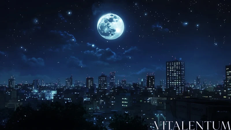 Lunar-illuminated urban skyline rendered in high-contrast anime night