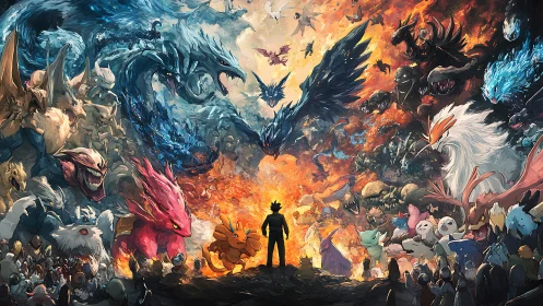 Central figure observes opposing elemental creature factions