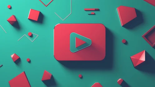 Isometric play-button module amid geometric teal field.