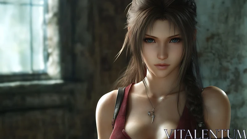 Rendered female character stands indoors in controlled lighting