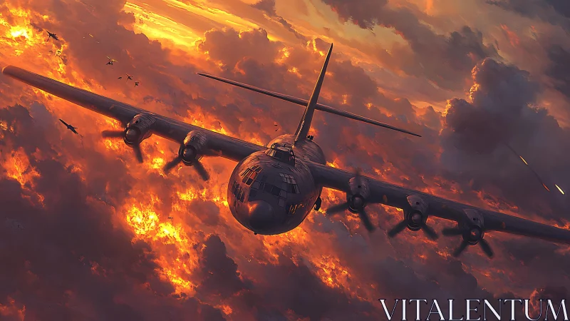 Strategic bomber formation slicing through incendiary cloud deck.