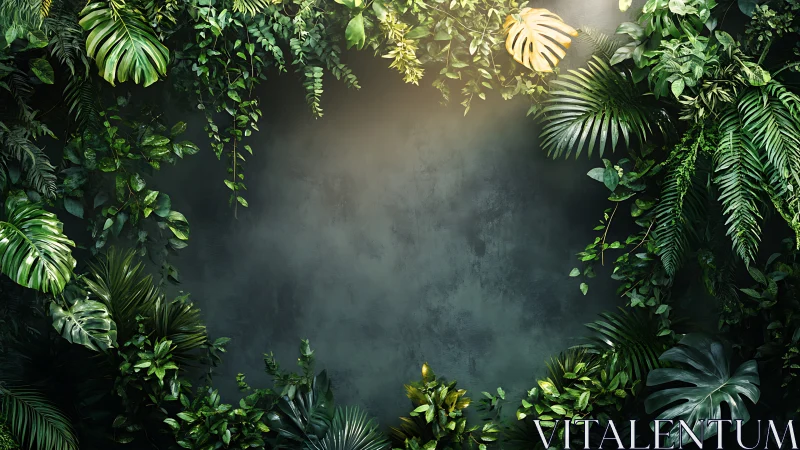 Lush tropical foliage frame with central copy space illumination