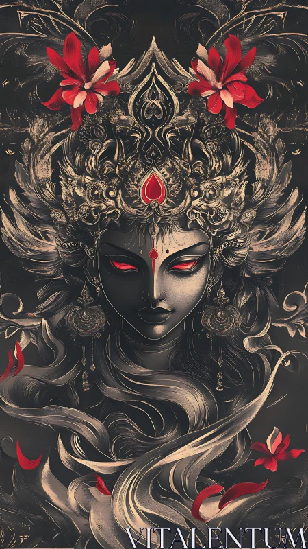 Symmetrical digital portrait depicts ornate crowned figure