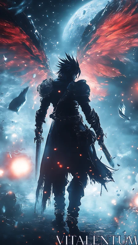 Dark winged warrior against glowing cosmic battlefield.