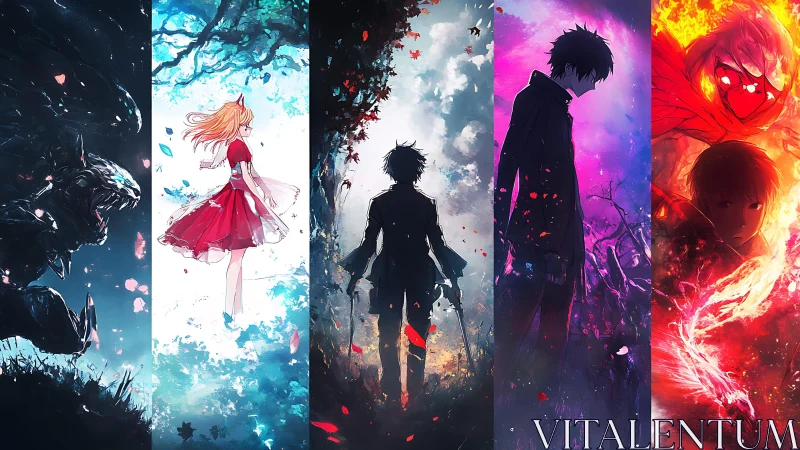 Elemental anime warriors stand divided by ethereal realms.