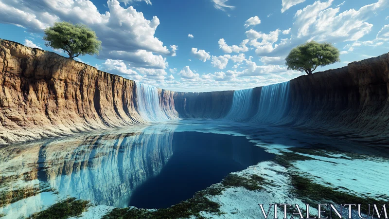 Surreal cliffside lagoon with circular waterfalls and trees.
