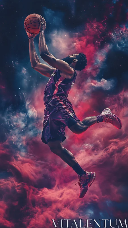 Cosmic slam dunk amid swirling neon clouds of light.