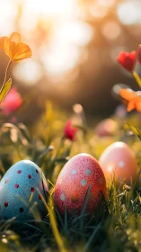Colorful Easter eggs glow in soft golden spring sunlight