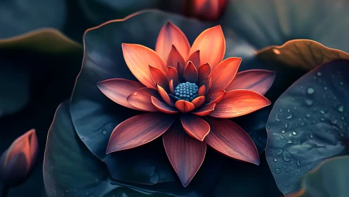 Red lotus flower blooming with blue stamens against dark water.