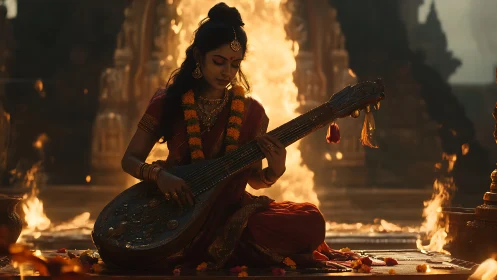 Devotional musician plays veena amid temple firelight ceremony.