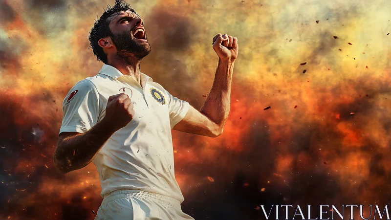 Joyful cricket champion roaring in a blaze of victory.