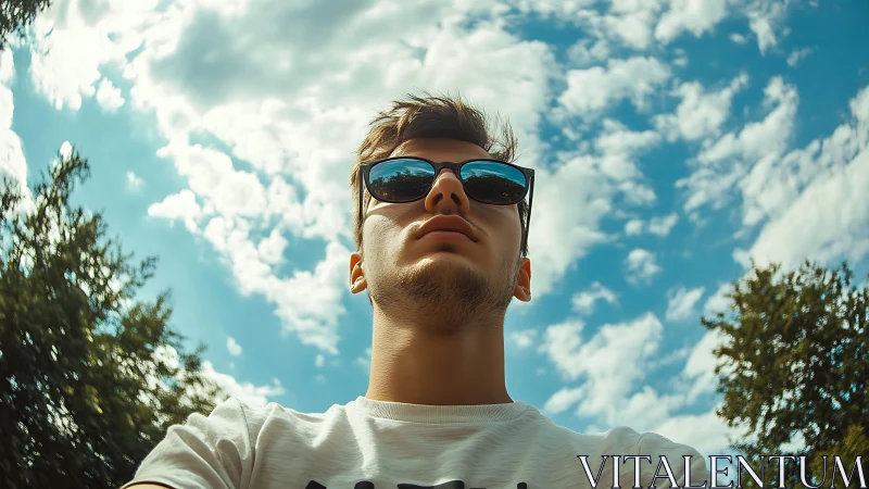 Young man in sunglasses outdoors, sky background, modern portrait.