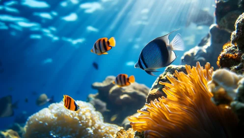 Tropical reef fish glide through sunlit underwater corals
