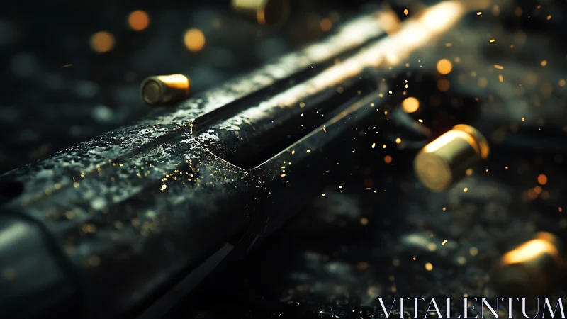 Close-range view of firearm barrel with spent bullet casings.