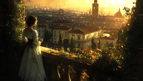 Golden evening balcony view embraces a dreaming city