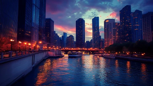 Sunset city river skyline with glowing waterfront lights.