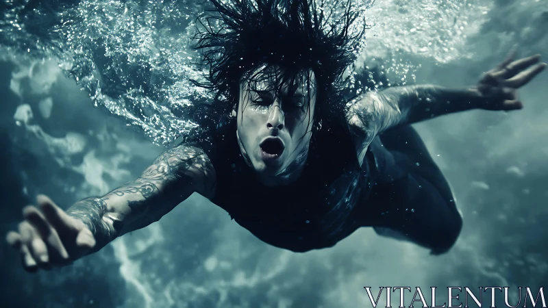 Tattooed person underwater, arms extended toward camera.