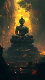 Emberlit Buddha meditating in a crumbling urban canyon.