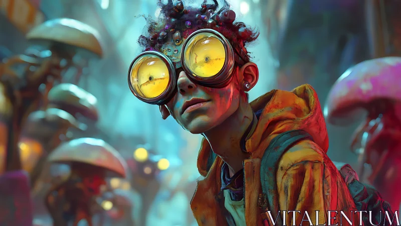 Neon-eyed wanderer in bioluminescent mushroom alleyway.