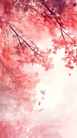 Vertical watercolor cherry canopy with diffuse blush light.