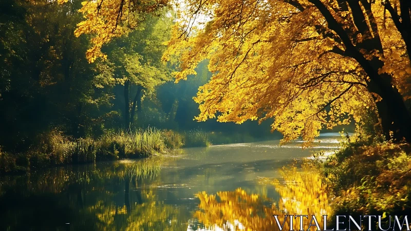 Golden deciduous canopy illuminates a tranquil forest river