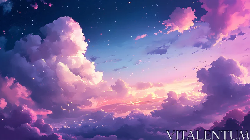 Dreamlike digital sky with luminous pink sunset clouds.