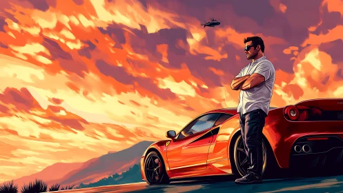 Man stands beside red sports car under orange sunset sky