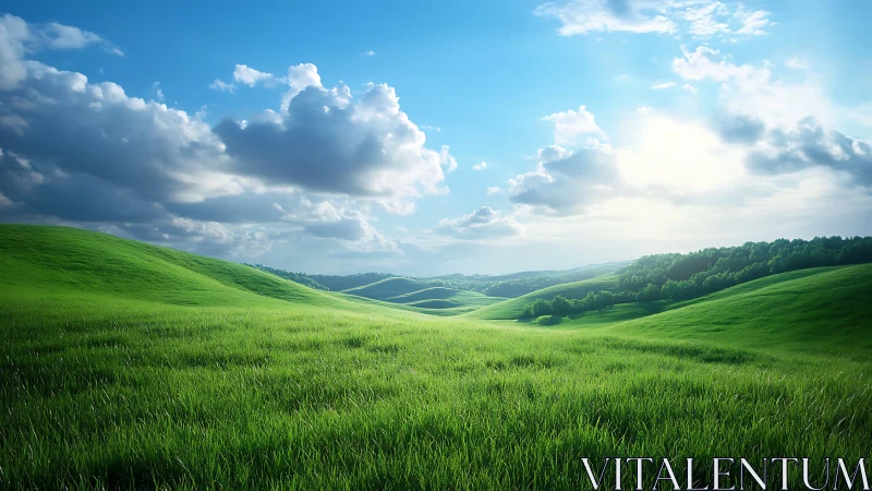 Sunlit emerald hills rolling beneath a vast dreaming sky.