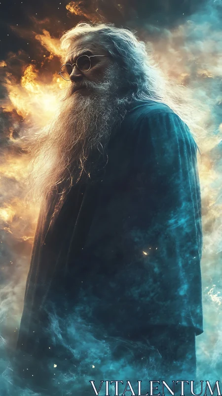 Elder mystic in dual elemental light and swirling cosmic haze.