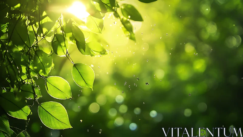 Sunlit green leaves sparkling softly in drifting droplets.