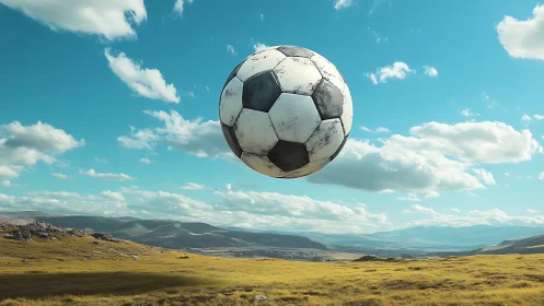 Sky-drifting giant football over sunlit wandering plains.