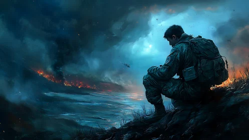 Soldier sits alone by burning battlefield shoreline at dusk.