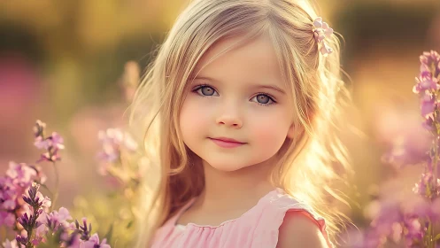 Young subject posed in floral field setting with warm atmospheric lighting.