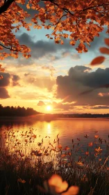 Autumn lake sunset with glowing clouds and golden foliage.