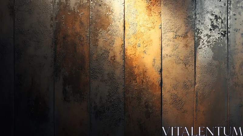 Rusted metal panels with warm industrial light glow.