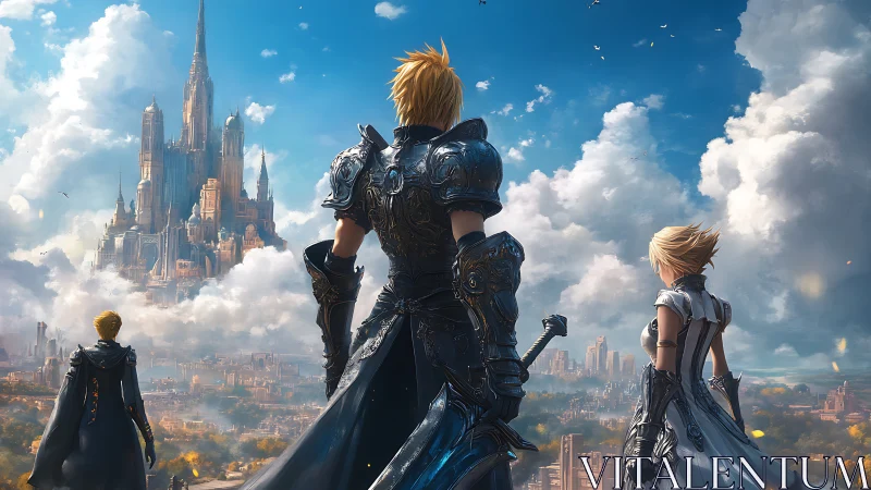 Armored heroes behold a soaring fantasy citadel in dawn light