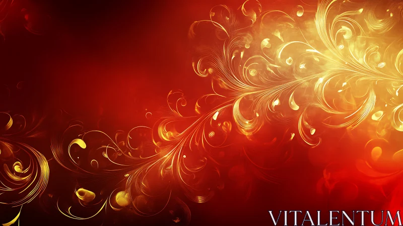 Glowing golden fractal flourishes arc across a radiant red field