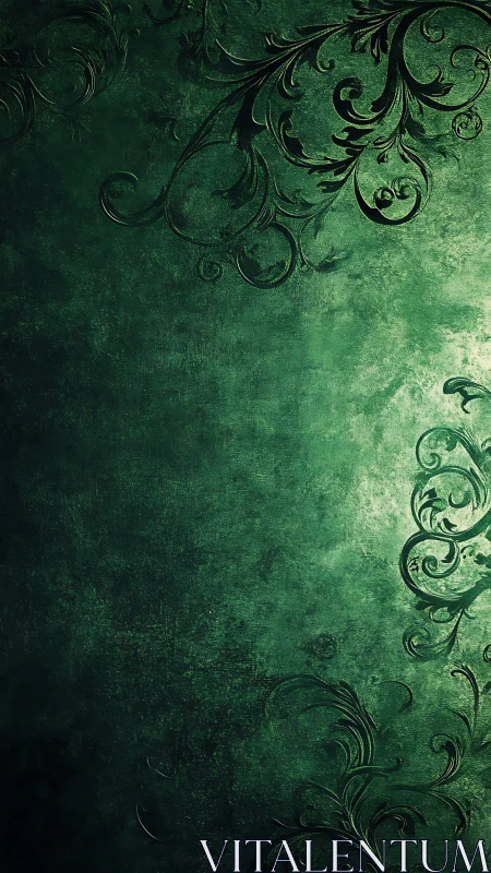 Emerald textured background with ornate floral scrollwork.