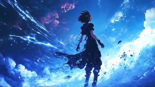 Lone anime warrior stands over glowing blue sky ocean.