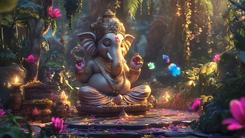Serene Ganesha sculpture illuminated in mystical jungle clearing