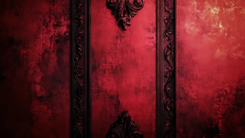 Baroque black moldings on distressed red wall background.