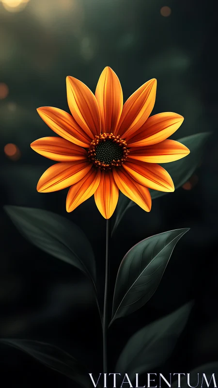 Radiant orange flower glows softly against deep dark background.