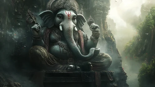 Colossal Ganesha stone sculpture in misted canyon temple