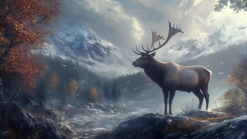 Majestic elk stands in misty valley before snow mountains