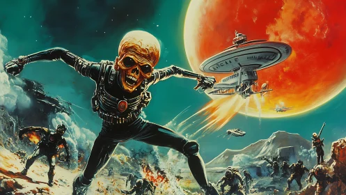 Retro Martian skull invader storming burning lunar battlefield.