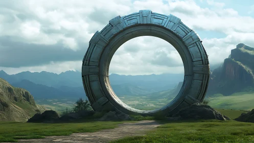 Monolithic sci fi ring gate overlooking serene valley.