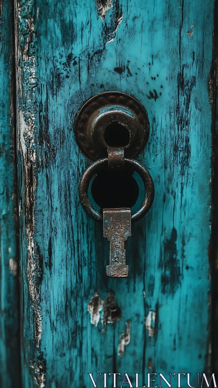 Weathered turquoise door with a timeworn hanging key.